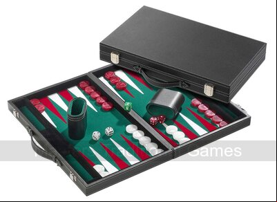 Philos 18.5-inch Backgammon Set in Black Case with Green Felt Surface, Accessories Included