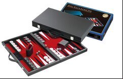Philos 18.5-inch Backgammon Set in Black Case with Red Felt Surface, Accessories Included