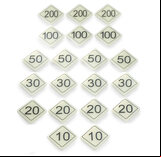 Set of 20 Bar Billiards Table Numbers (plastic diamond shaped for tables with 2 x 30 and 1 x 10 holes)