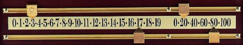 2 solid brass runners (cut to size), 4 solid brass pointers and 17 inch number sticker for snooker or general scoreboard