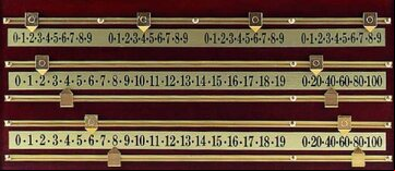 5 solid brass runners (cut to size), 12 solid brass pointers and a set of 3 x 23 inch number stickers for 4 player snooker or general scoreboard