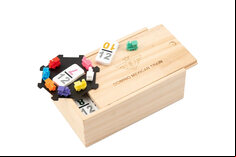 Double 12 Mexican Train Dominoes with numbers in wooden box