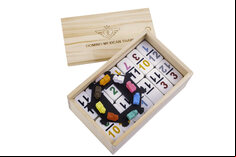 Double 12 Mexican Train Dominoes with numbers in wooden box
